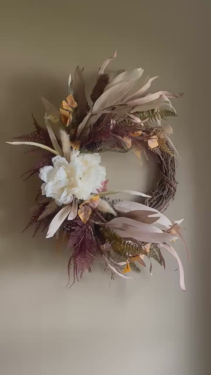Handmade Fall Wreath: Dried Florals, Corn Husks & Grapevine