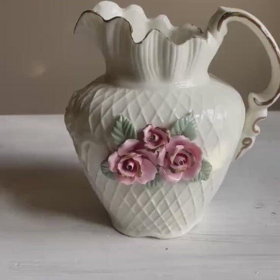 Vintage White Porcelain Lattice Pitcher - 3D Applied Roses