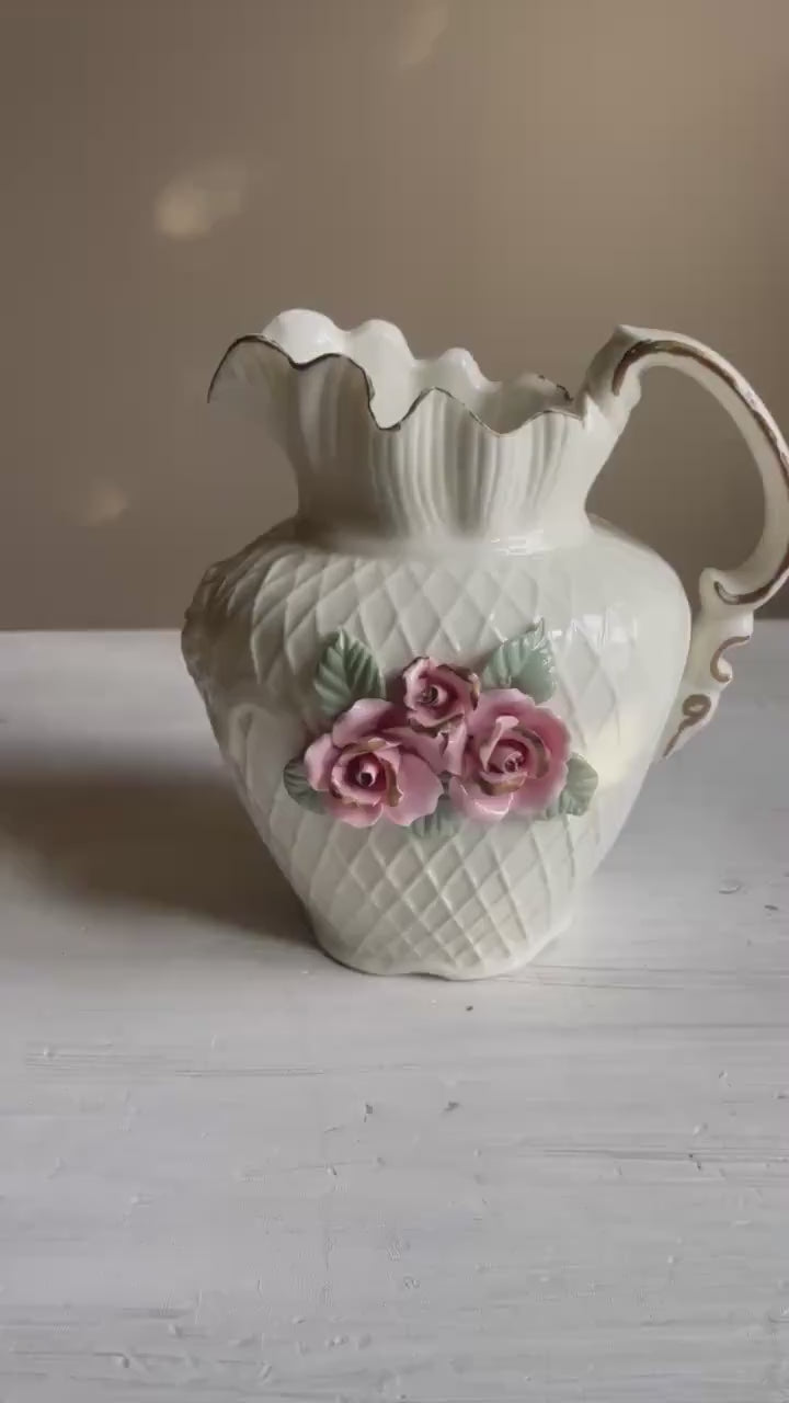 Vintage White Porcelain Lattice Pitcher - 3D Applied Roses