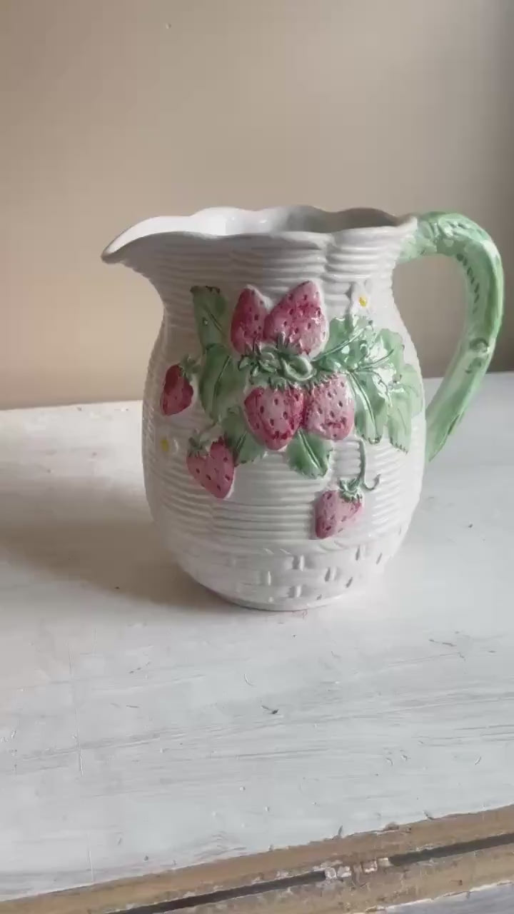 Vintage Italian Pottery Pitcher: Hand-Painted Strawberry Vine, Farmhouse Decor