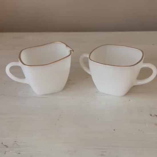 Fire King Milk Glass Square Creamer & Sugar Bowl | Vintage Fire King Milk Glass | Vintage Gold Rim Milk Glass Creamer Sugar Bowl Set