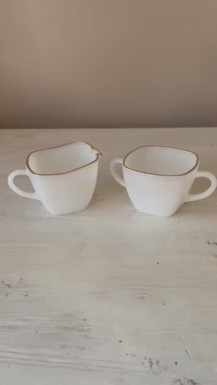 Fire King Milk Glass Square Creamer & Sugar Bowl | Vintage Fire King Milk Glass | Vintage Gold Rim Milk Glass Creamer Sugar Bowl Set