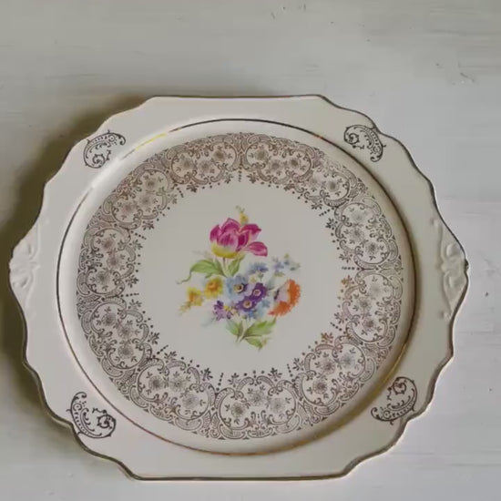 Vintage Kaulware 14K Gold Floral Bouquet Serving Platter | Gold Filigree China