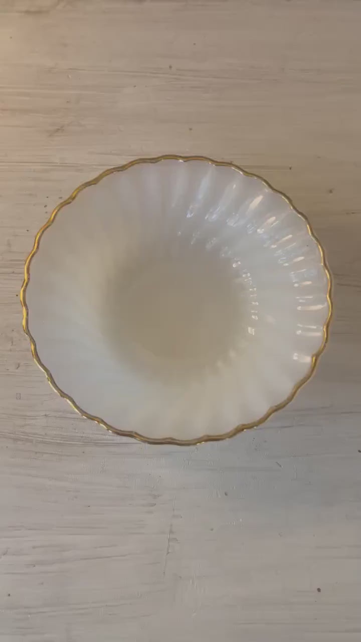 Fire King Golden Anniversary Shell Berry Dessert Bowl | Vintage Fire King Milk Glass Swirl  | Gold Rim Milk Glass 5 Inch Bowl