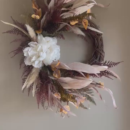 Handmade Fall Wreath: Dried Florals, Corn Husks & Grapevine