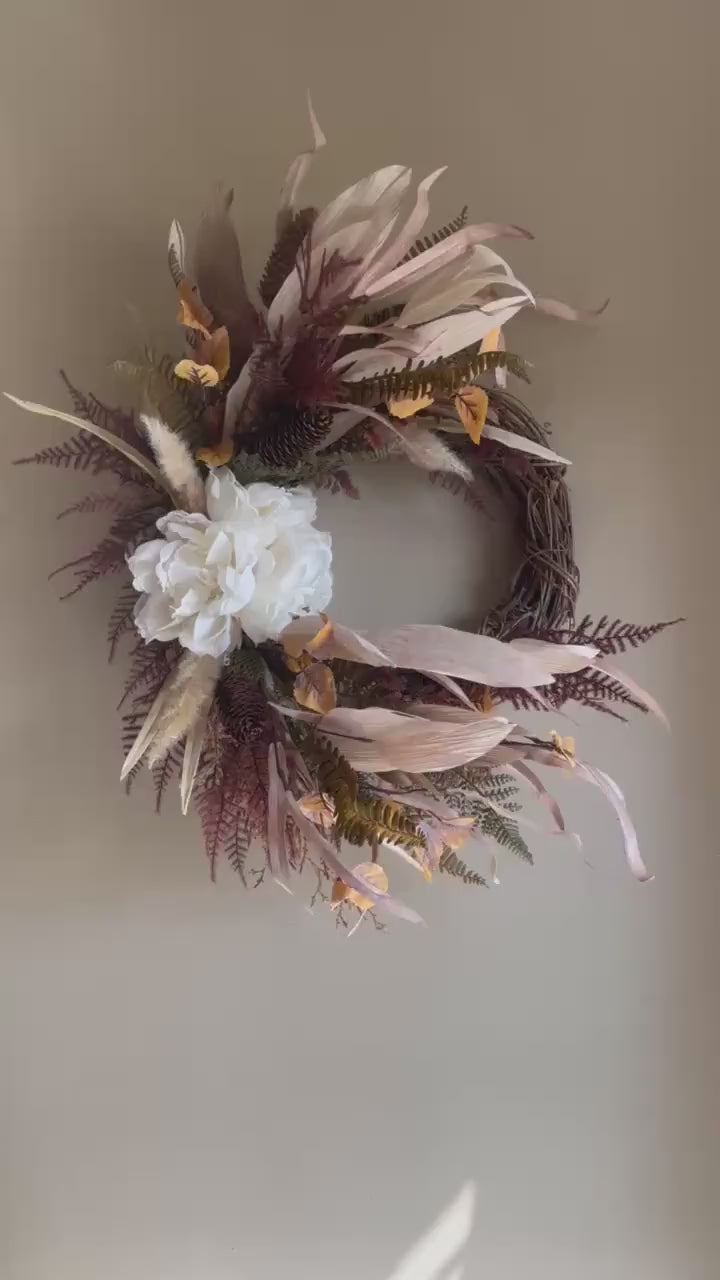 Handmade Fall Wreath: Dried Florals, Corn Husks & Grapevine