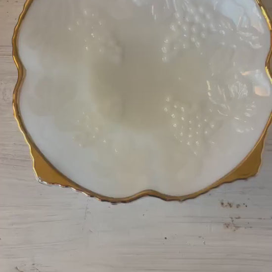 Anchor Hocking 1960s Milk Glass Square Bowl Grape Pattern with Gold Trim | Milk Glass | Milk Glass Square Bowl | Milk Glass Grape Pattern