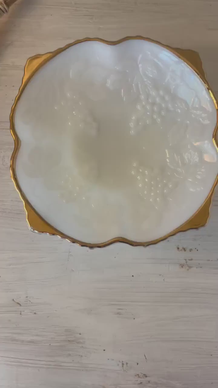 Anchor Hocking 1960s Milk Glass Square Bowl Grape Pattern with Gold Trim | Milk Glass | Milk Glass Square Bowl | Milk Glass Grape Pattern