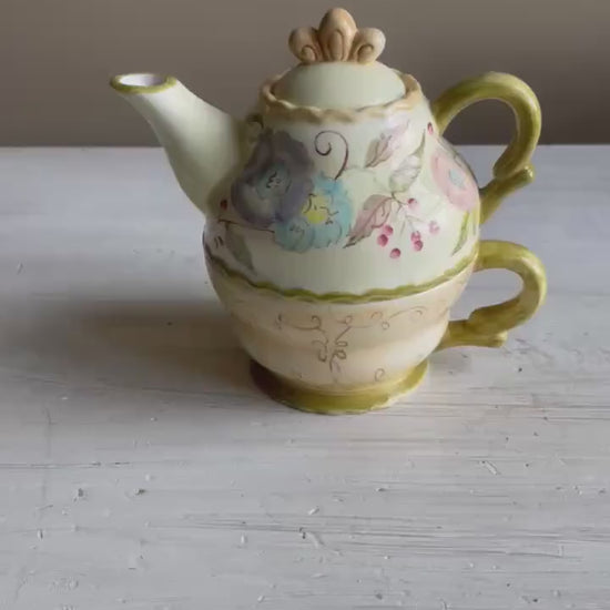 Vintage Tracy Porter 3-Piece Stacking Tea for One Set | Hand-Painted Floral Teapot & Cup