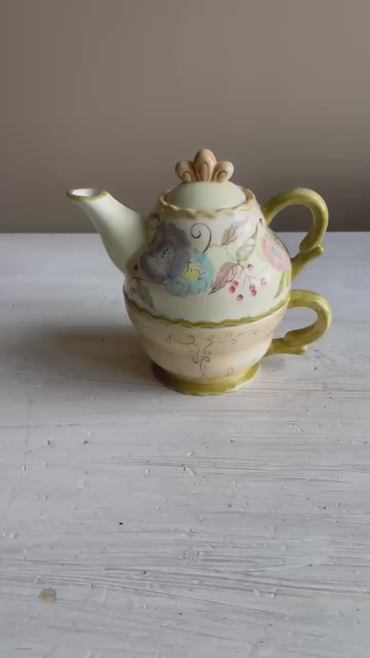 Vintage Tracy Porter 3-Piece Stacking Tea for One Set | Hand-Painted Floral Teapot & Cup