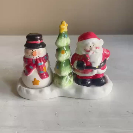 Vintage Santa & Snowman Salt and Pepper Shaker Set with Christmas Tree Tray