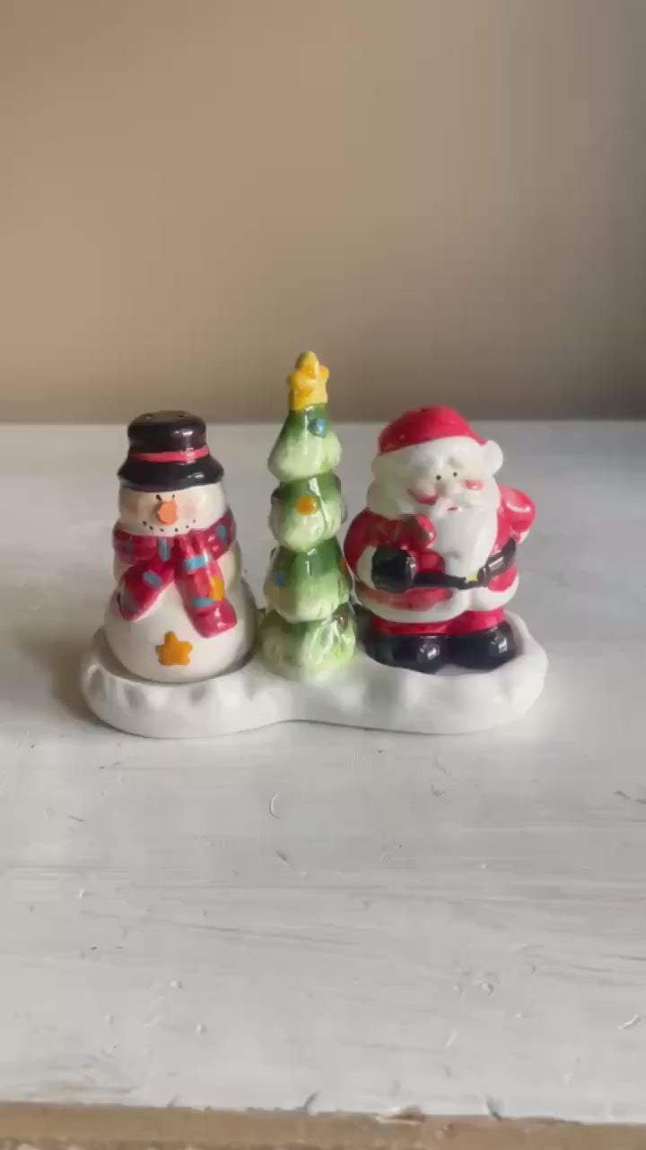 Vintage Santa & Snowman Salt and Pepper Shaker Set with Christmas Tree Tray