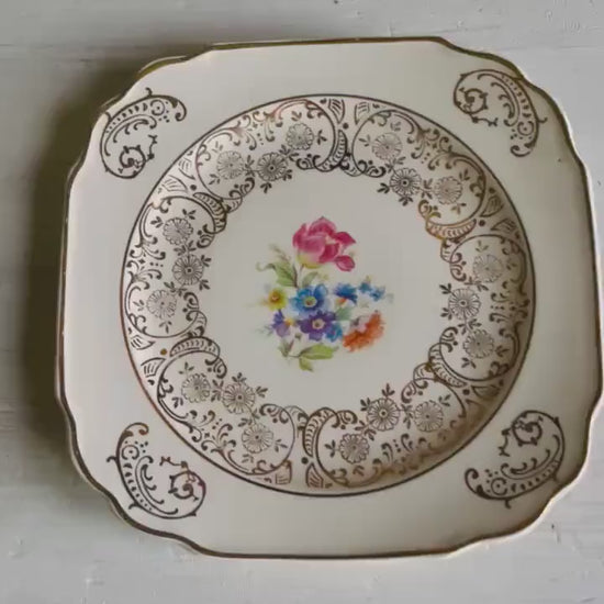 Vintage Kaulware 14K Gold Square Bread Plates Set of 4 | Floral Bouquet