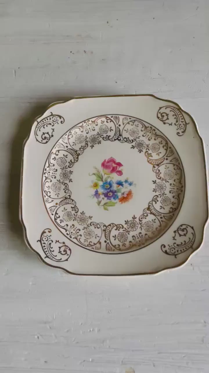 Vintage Kaulware 14K Gold Square Bread Plates Set of 4 | Floral Bouquet