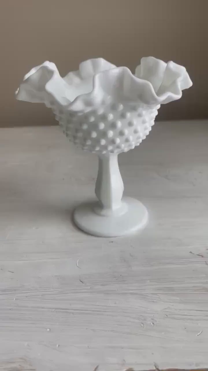 Fenton Milk Glass Compote with Ruffled Edge - 6 Inch Hobnail Milk Glass Compote - Vintage Fenton Milk Glass Collection - Cottage Decor
